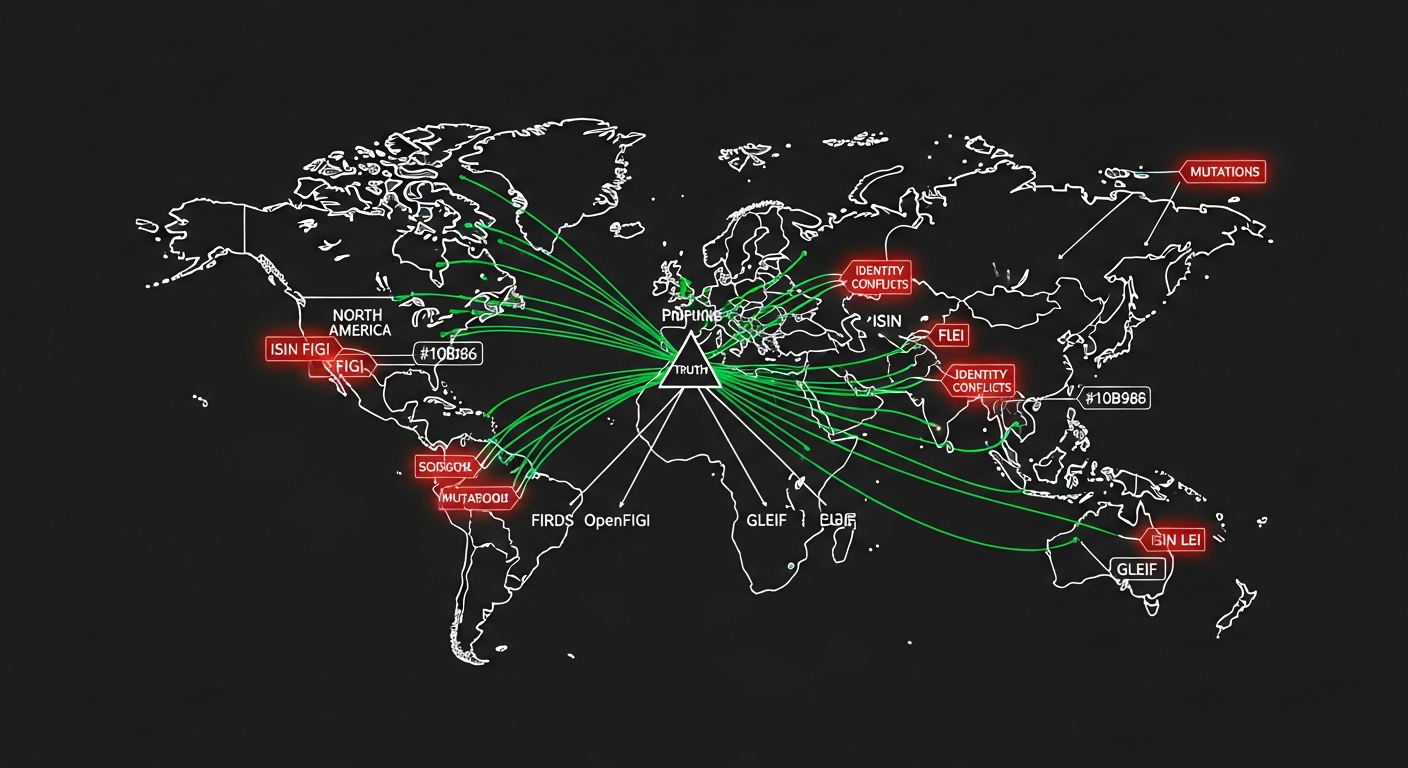 Illustrative cross-border securities identity diagram showing example record relationships